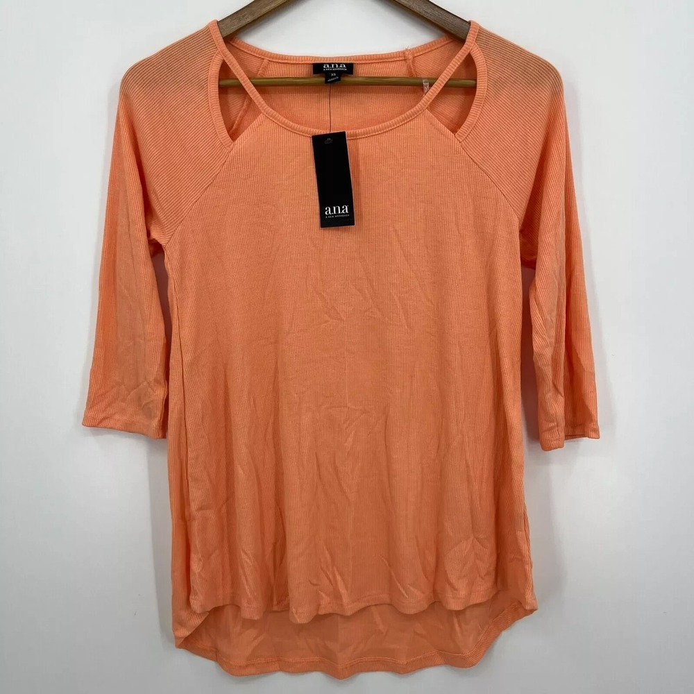 ana A New Approach Women XS Orange Parfait Ribbed Cut Out Shoulder 3/4 Sleeve